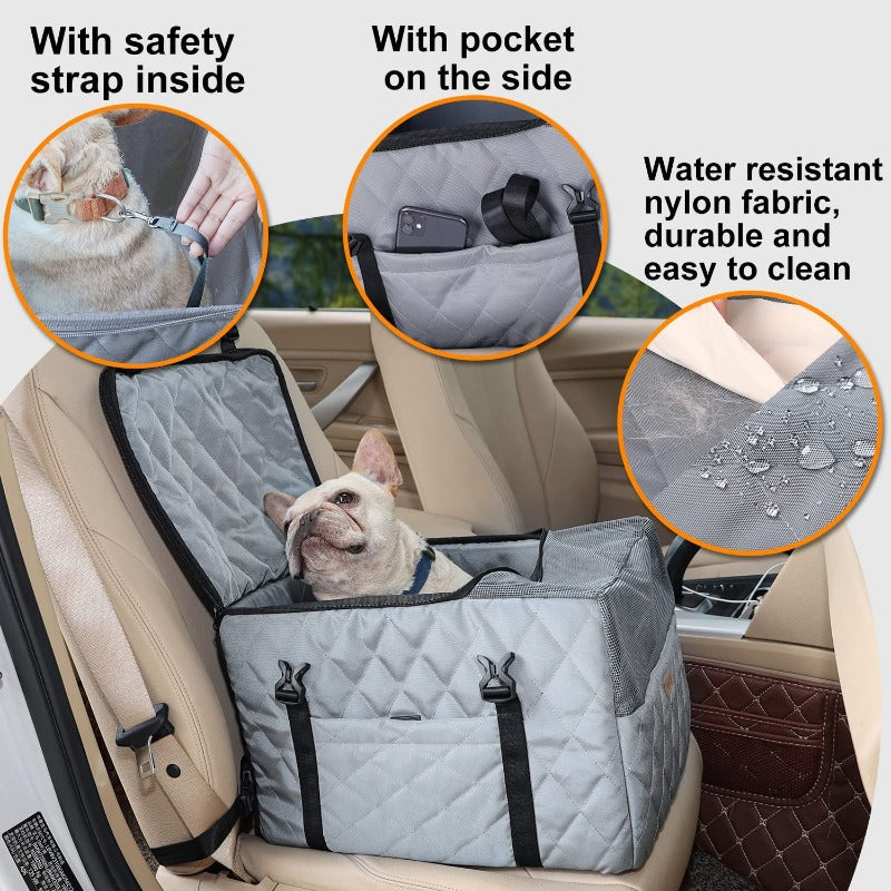 Dog Folding Car Seat with Storage Pockets and Clip-On Leash